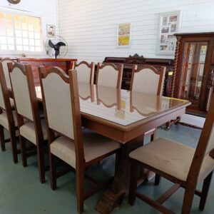 Mesa de Jantar com Tampo de Vidro + 8 Cadeiras Estofadas